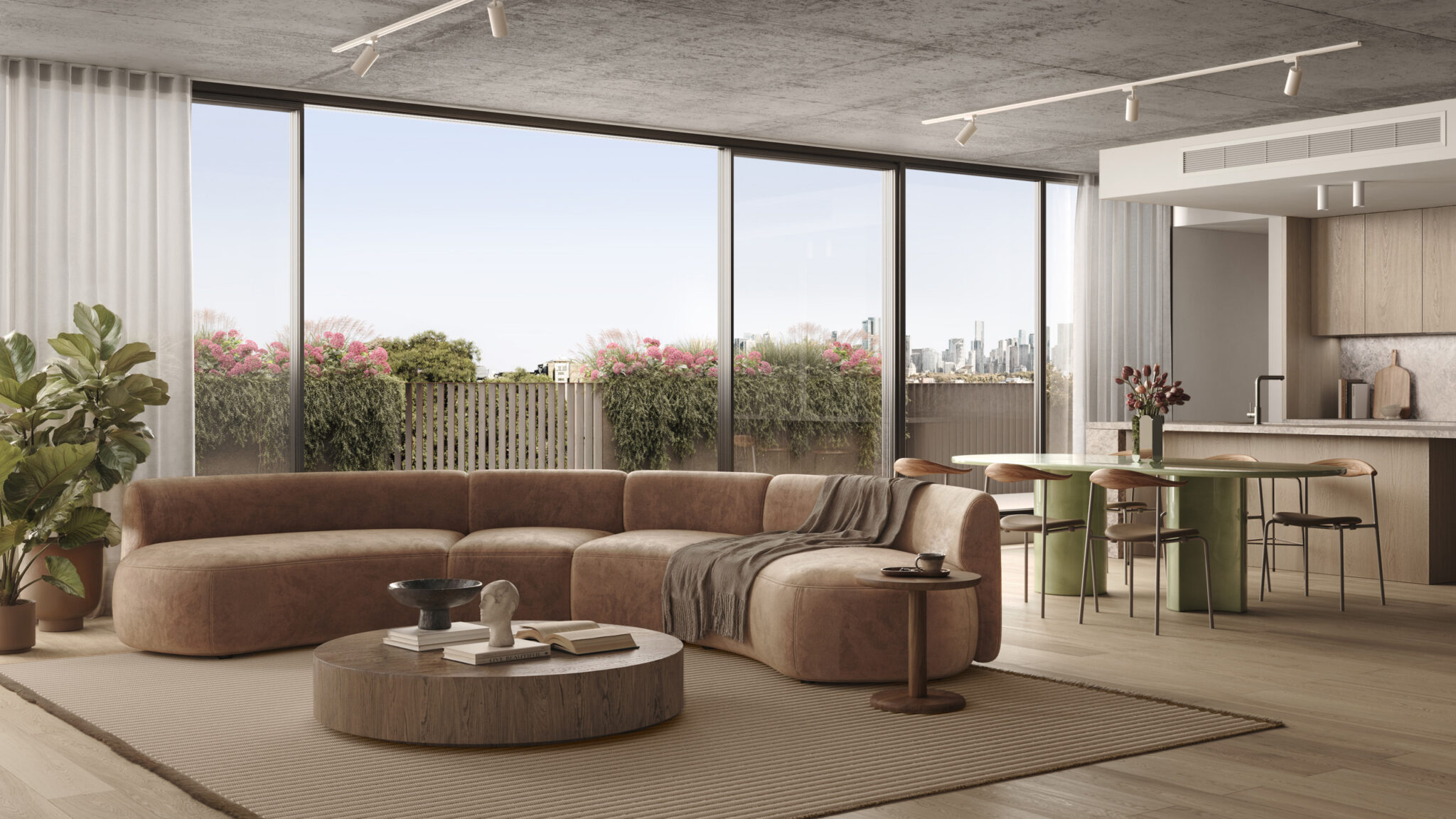 33 Queens Pde, Clifton Hill, Artist Impression Living and Kitchen with City Viewline